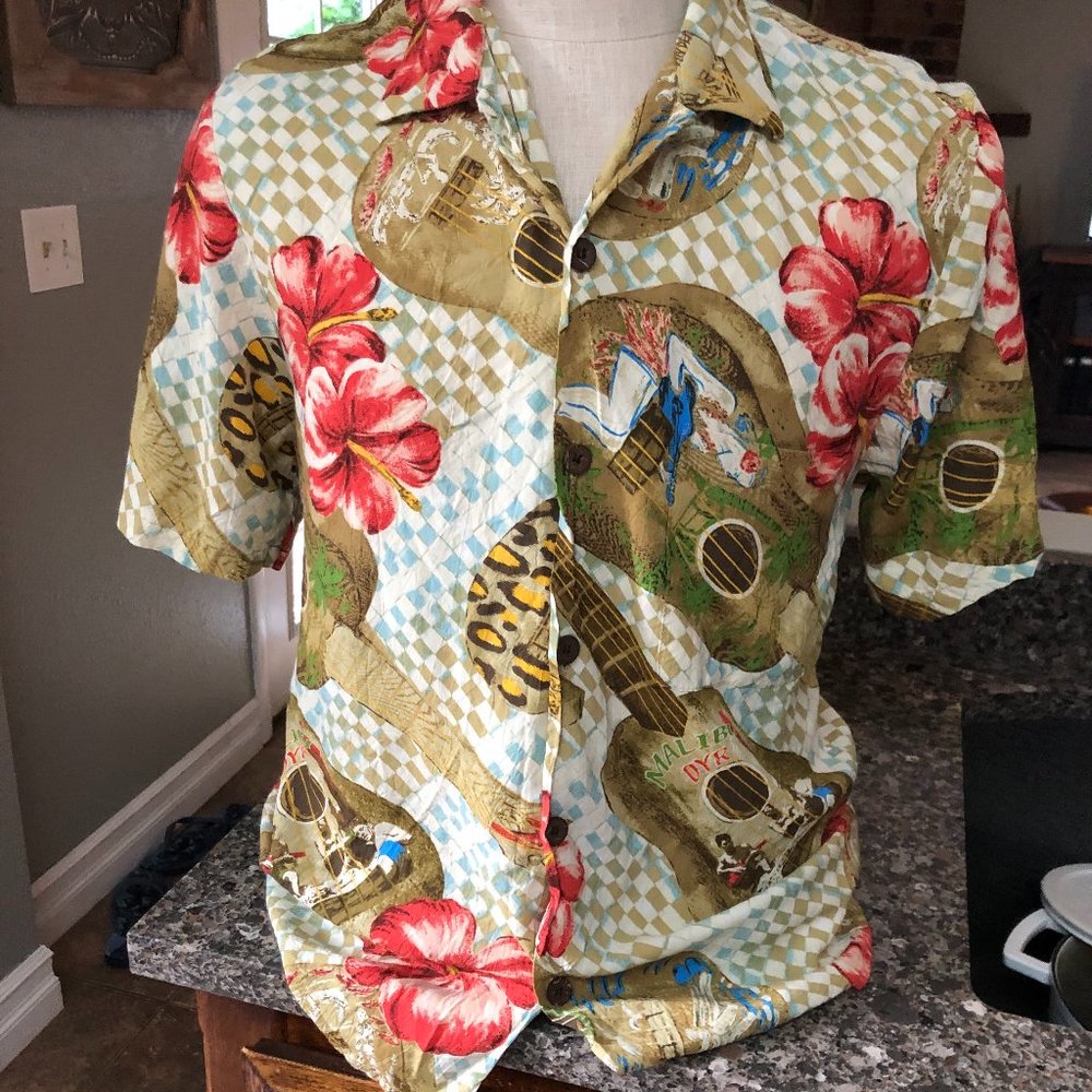 Vintage Jams World Slim Fit Made in Hawaii Rayon Ukelele Shirt Hibiscus EUC